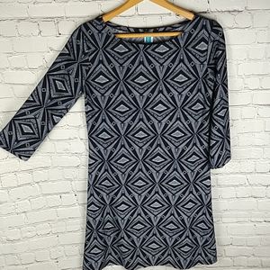 Geometric Print Dress Knee Length 3/4 Sleeve Black